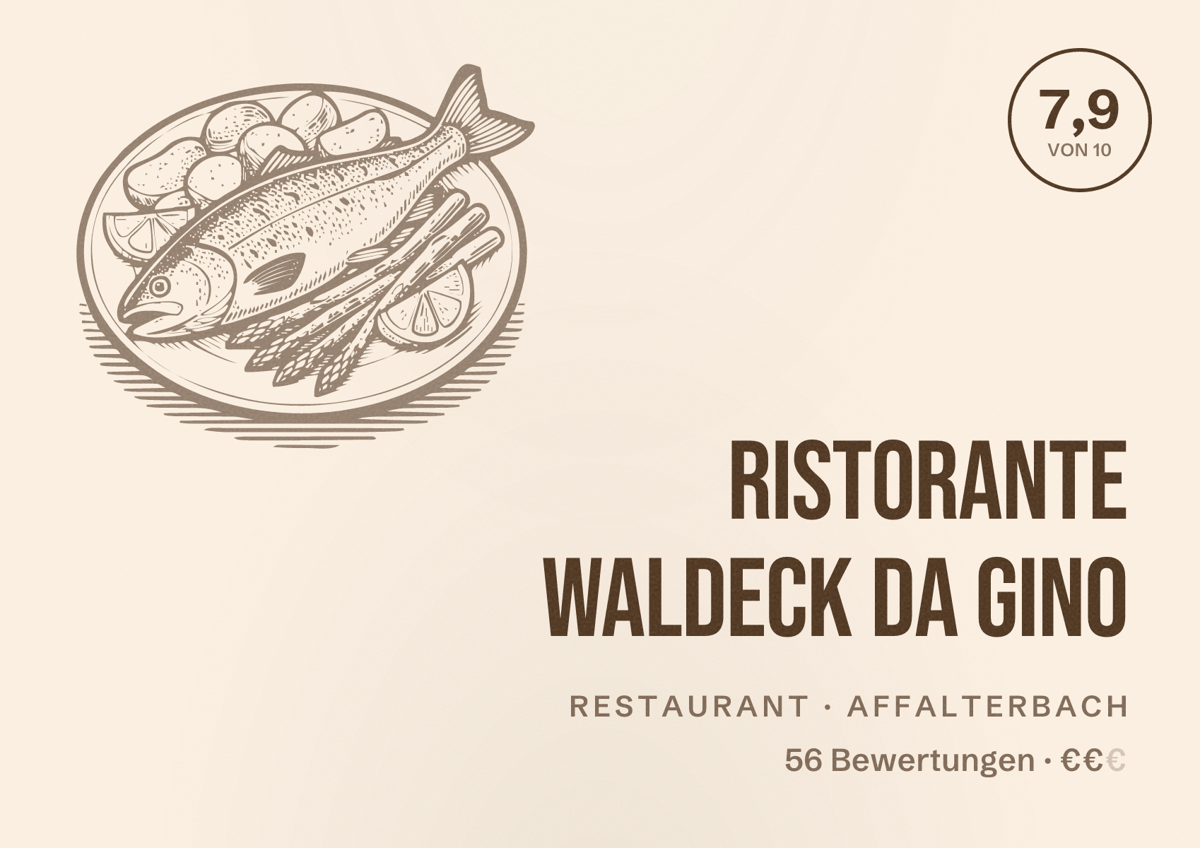 Illustriertes Poster von Ristorante Waldeck da Gino, Restaurant in Affalterbach: Bewertung 7,9 von 10 aus 56 Bewertungen, Preisniveau €€