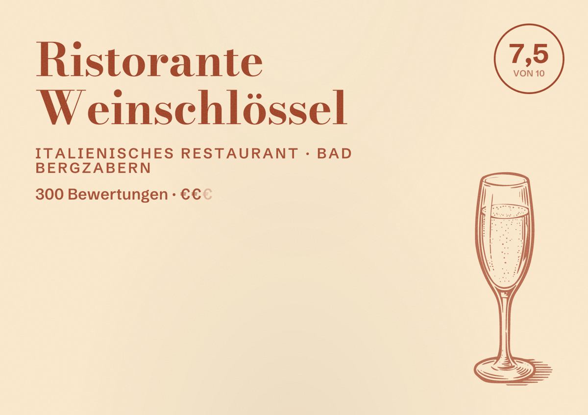 Illustriertes Poster von Ristorante Weinschlössel, Italienisches Restaurant in Bad Bergzabern: Bewertung 7,5 von 10 aus 300 Bewertungen, Preisniveau €€