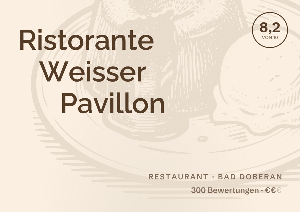 Illustriertes Poster von Ristorante Weisser Pavillon, Restaurant in Bad Doberan: Bewertung 8,2 von 10 aus 300 Bewertungen, Preisniveau €€