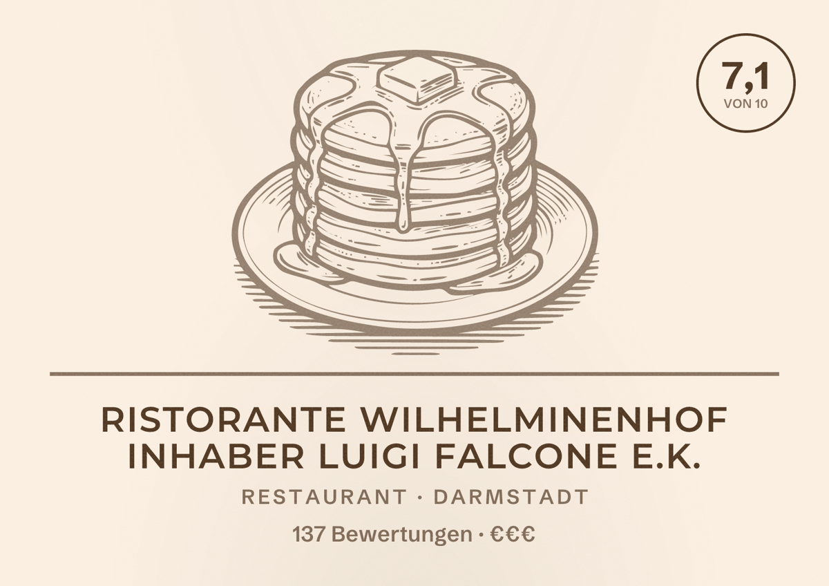 Illustriertes Poster von Ristorante Wilhelminenhof Inhaber Luigi Falcone e.K., Restaurant in Darmstadt: Bewertung 7,1 von 10 aus 137 Bewertungen, Preisniveau €€€