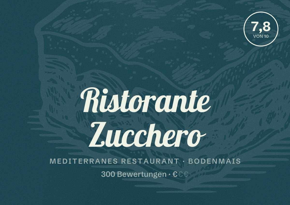 Illustriertes Poster von Ristorante Zucchero, Mediterranes Restaurant in Bodenmais: Bewertung 7,8 von 10 aus 300 Bewertungen, Preisniveau €