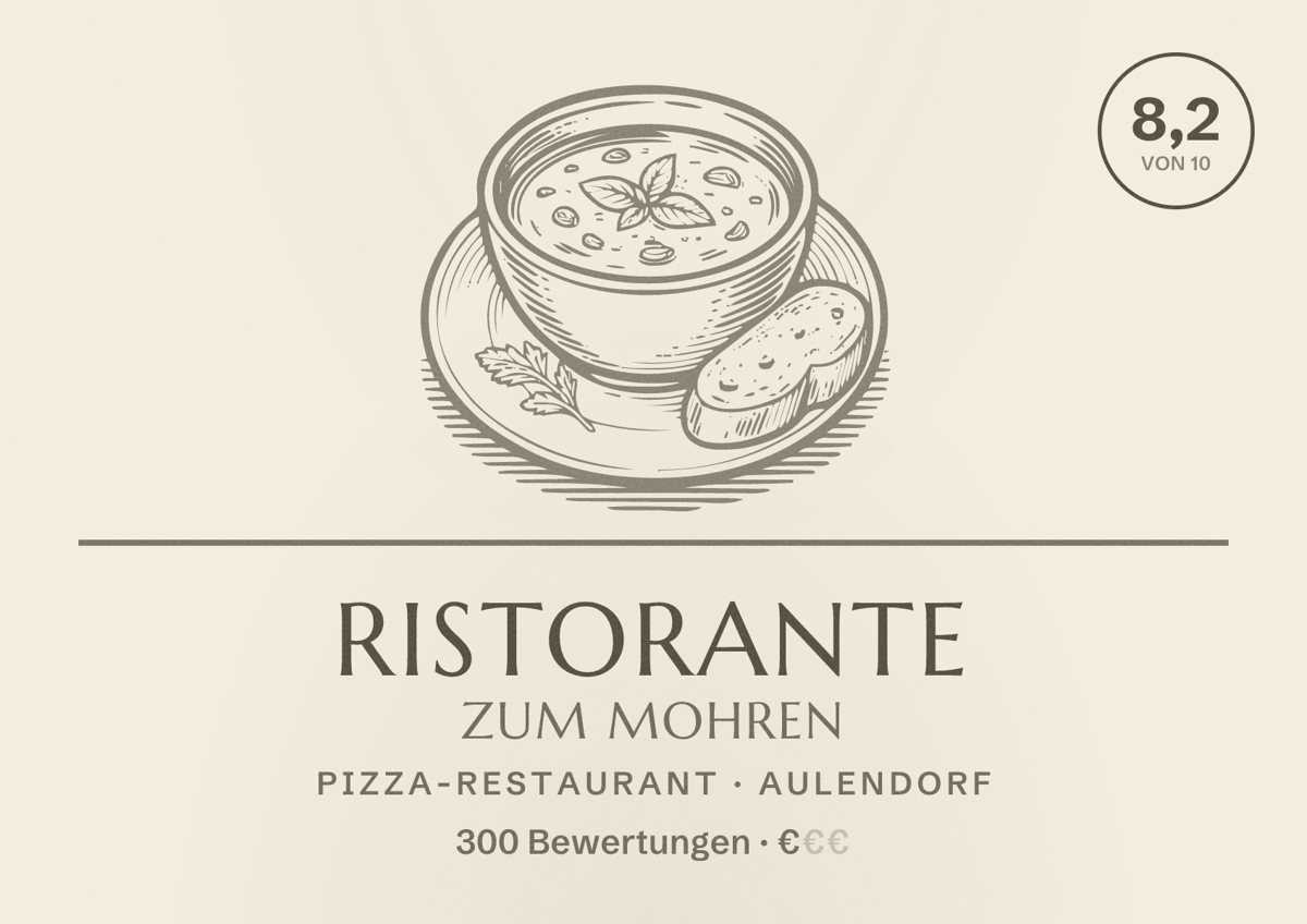 Illustriertes Poster von Ristorante zum Mohren, Pizza-Restaurant in Aulendorf: Bewertung 8,2 von 10 aus 300 Bewertungen, Preisniveau €