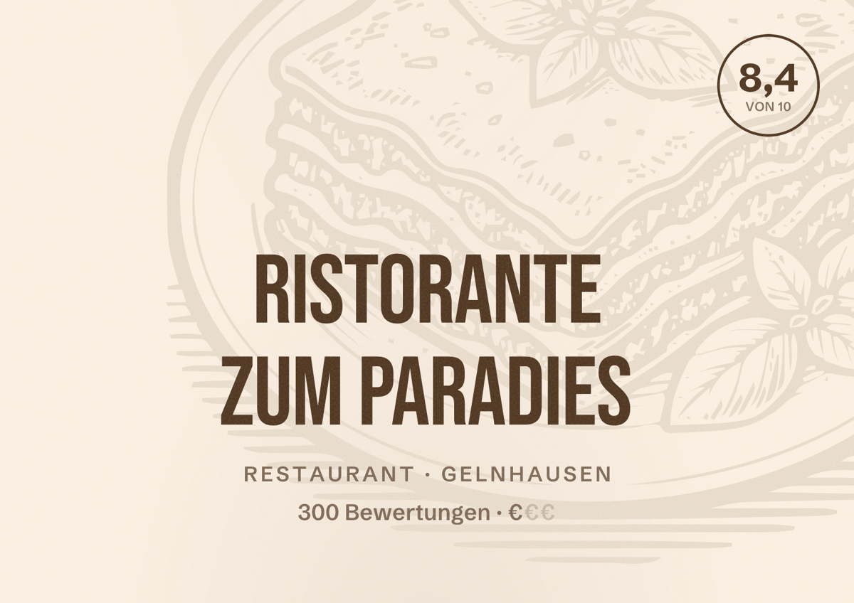 Illustriertes Poster von Ristorante Zum Paradies, Restaurant in Gelnhausen: Bewertung 8,4 von 10 aus 300 Bewertungen, Preisniveau €