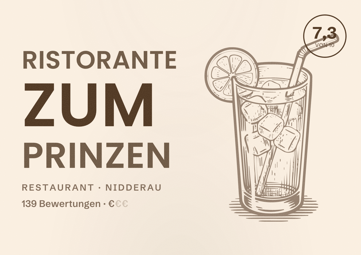 Illustriertes Poster von Ristorante zum Prinzen, Restaurant in Nidderau: Bewertung 7,3 von 10 aus 139 Bewertungen, Preisniveau €