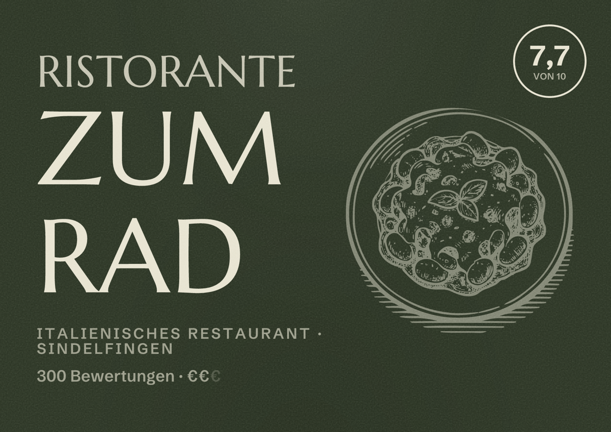 Illustriertes Poster von Ristorante Zum Rad, Italienisches Restaurant in Sindelfingen: Bewertung 7,7 von 10 aus 300 Bewertungen, Preisniveau €€