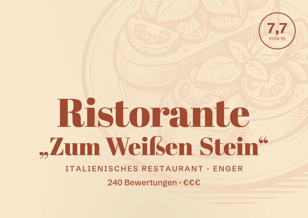 Illustriertes Poster von Ristorante „Zum Weißen Stein“, Italienisches Restaurant in Enger: Bewertung 7,7 von 10 aus 240 Bewertungen, Preisniveau €€€