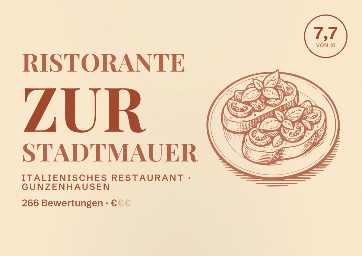 Illustriertes Poster von Ristorante Zur Stadtmauer, Italienisches Restaurant in Gunzenhausen: Bewertung 7,7 von 10 aus 266 Bewertungen, Preisniveau €