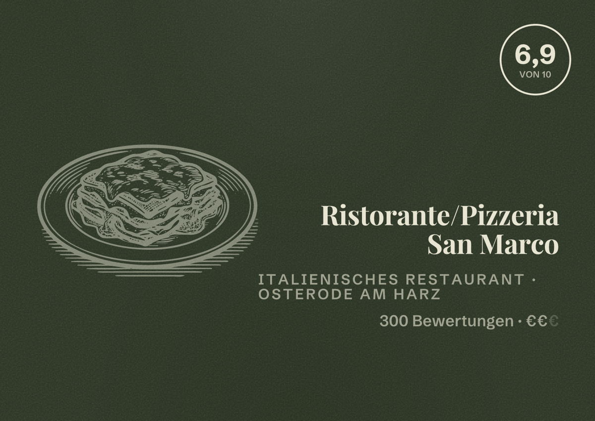 Illustriertes Poster von Ristorante/Pizzeria San Marco, Italienisches Restaurant in Osterode am Harz: Bewertung 6,9 von 10 aus 300 Bewertungen, Preisniveau €€