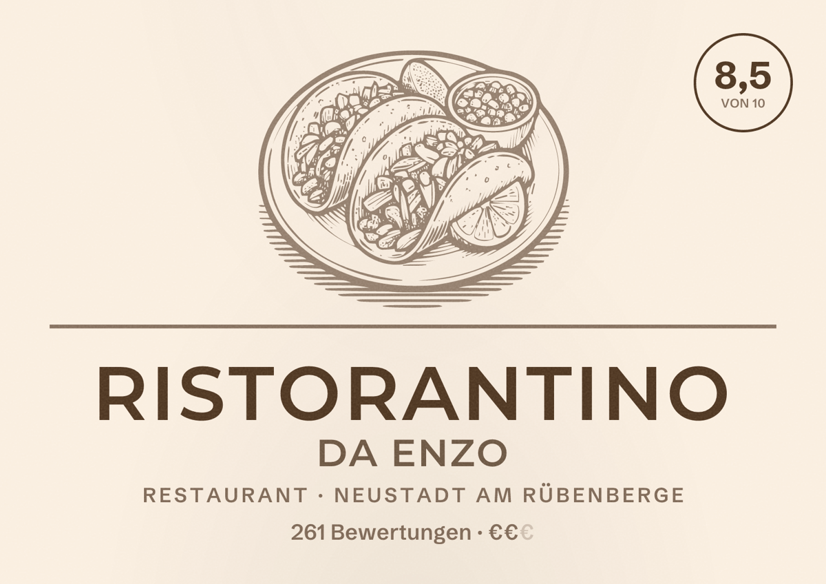 Illustriertes Poster von Ristorantino da Enzo, Restaurant in Neustadt am Rübenberge: Bewertung 8,5 von 10 aus 261 Bewertungen, Preisniveau €€