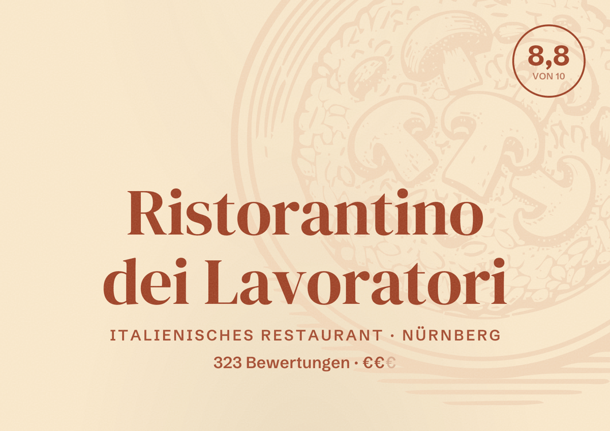 Illustriertes Poster von Ristorantino dei Lavoratori, Italienisches Restaurant in Nürnberg: Gästebewertung 8,8 von 10 aus 323 Bewertungen