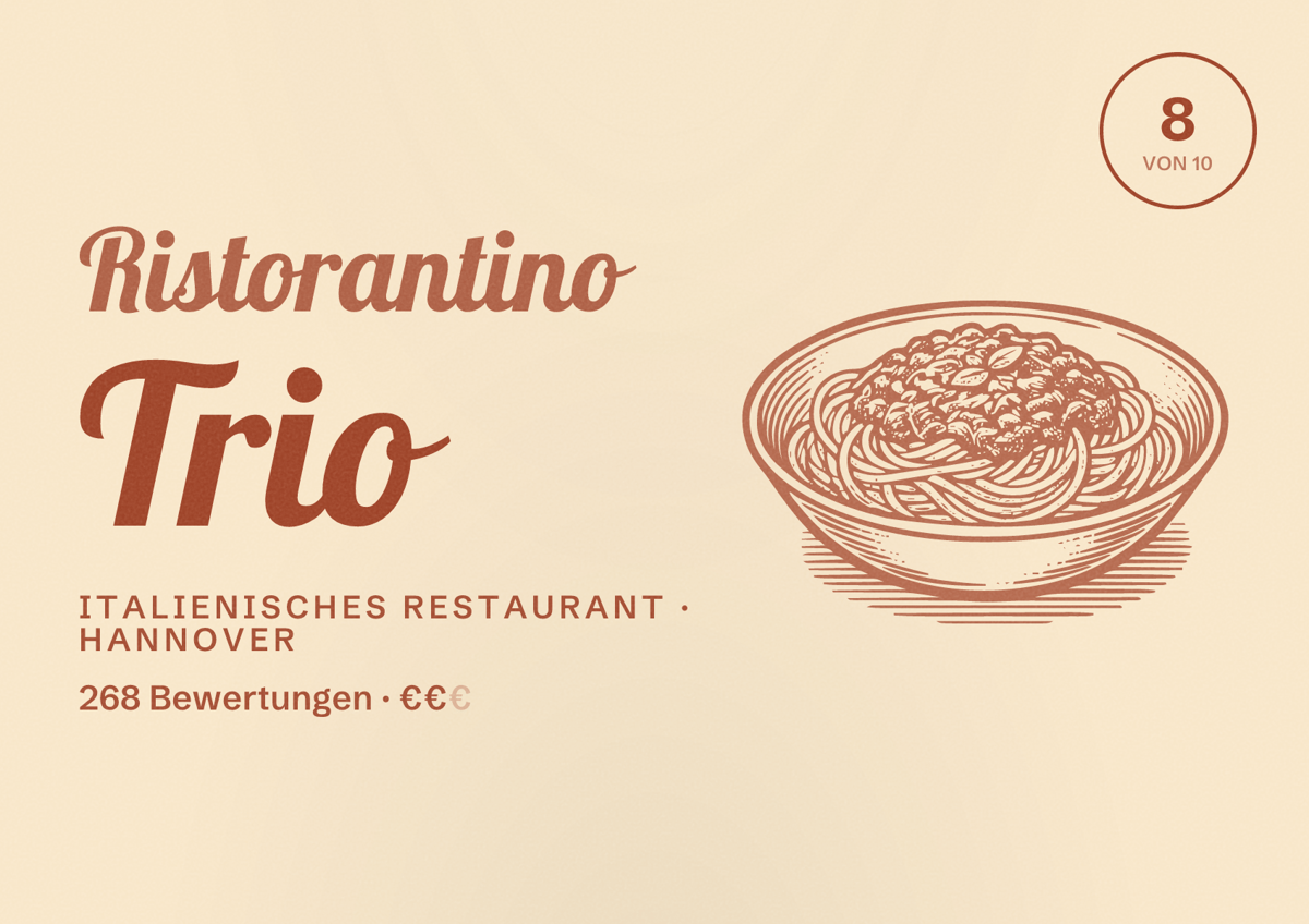 Illustriertes Poster von Ristorantino Trio, Italienisches Restaurant in Hannover: Bewertung 8,0 von 10 aus 268 Bewertungen, Preisniveau €€