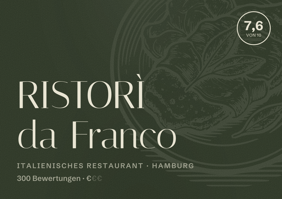 Illustriertes Poster von RISTORÌ da Franco, Italienisches Restaurant in Hamburg: Bewertung 7,6 von 10 aus 300 Bewertungen, Preisniveau €