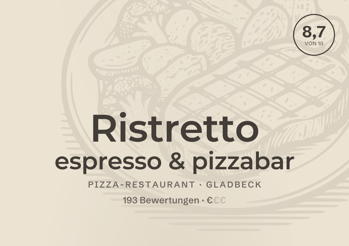 Illustriertes Poster von Ristretto espresso & pizzabar, Pizza-Restaurant in Gladbeck: Bewertung 8,7 von 10 aus 193 Bewertungen, Preisniveau €