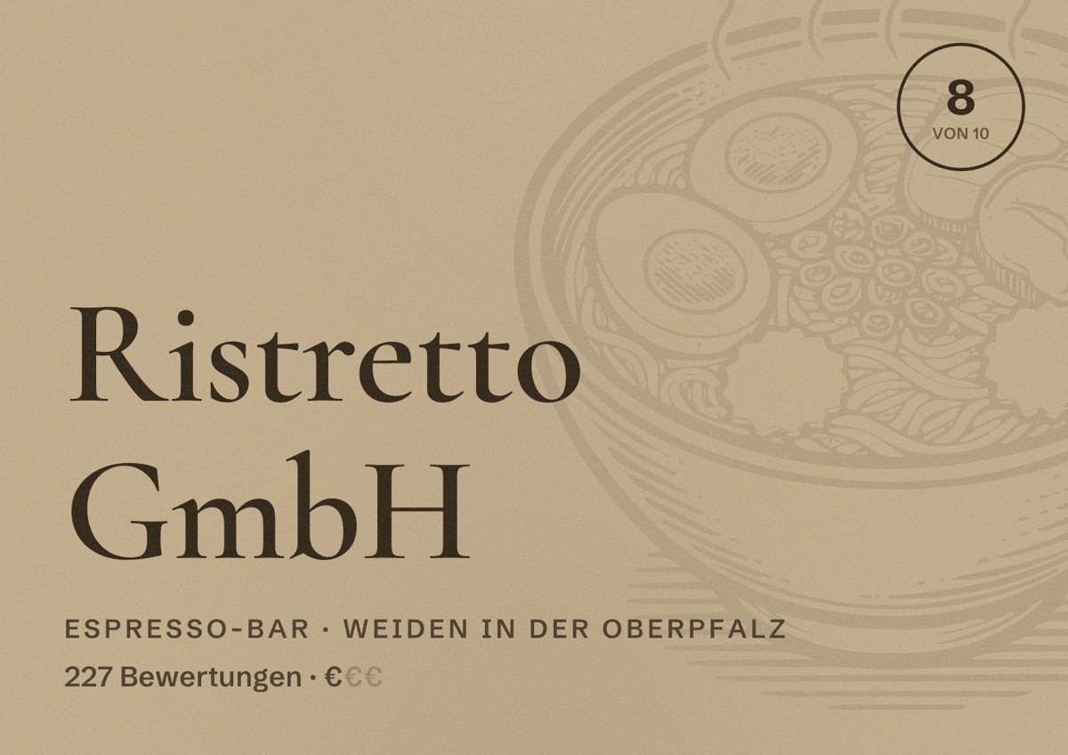 Illustriertes Poster von Ristretto GmbH, Espresso-Bar in Weiden in der Oberpfalz: Bewertung 8 von 10 aus 227 Bewertungen, Preisniveau €