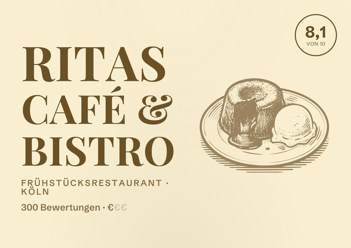 Illustriertes Poster von Ritas Café & Bistro, Frühstücksrestaurant in Köln: Bewertung 8,1 von 10 aus 300 Bewertungen, Preisniveau €