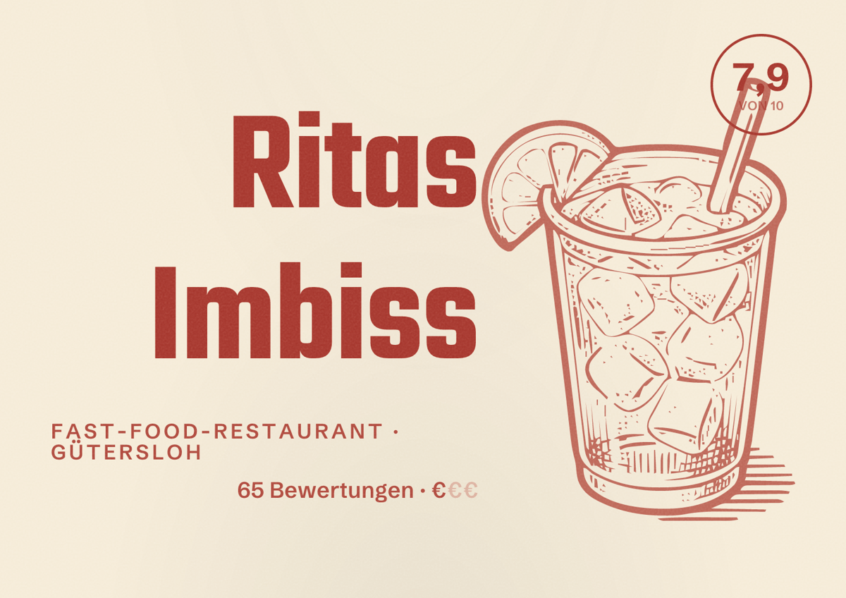 Illustriertes Poster von Ritas Imbiss, Fast-Food-Restaurant in Gütersloh: Bewertung 7,9 von 10 aus 65 Bewertungen, Preisniveau €