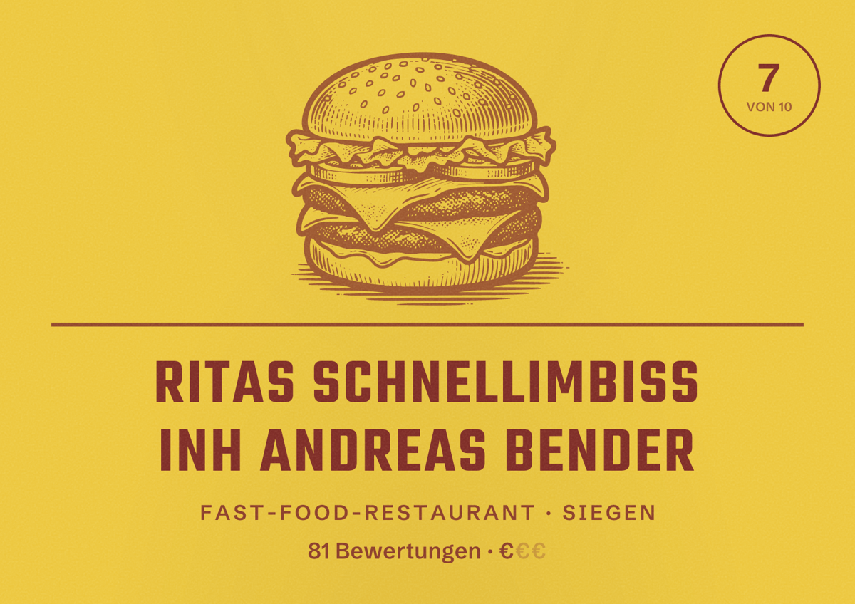 Illustriertes Poster von Ritas Schnellimbiss Inh Andreas Bender, Fast-Food-Restaurant in Siegen: Bewertung 7 von 10 aus 81 Bewertungen, Preisniveau €