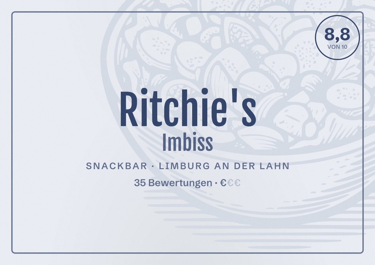 Illustriertes Poster von Ritchie's Imbiss, Snackbar in Limburg an der Lahn: Bewertung 8,8 von 10 aus 35 Bewertungen, Preisniveau €
