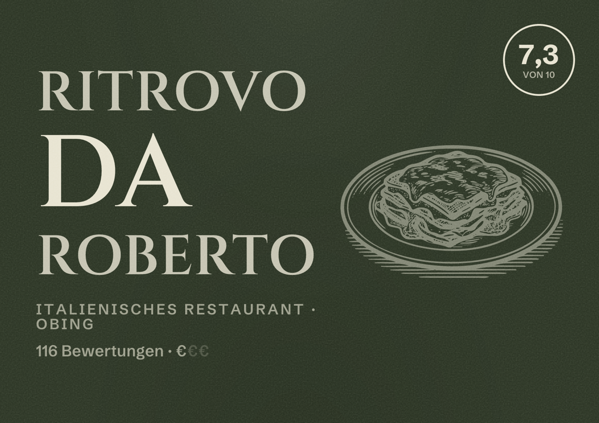 Illustriertes Poster von Ritrovo da Roberto, Italienisches Restaurant in Obing: Bewertung 7,3 von 10 aus 116 Bewertungen, Preisniveau €