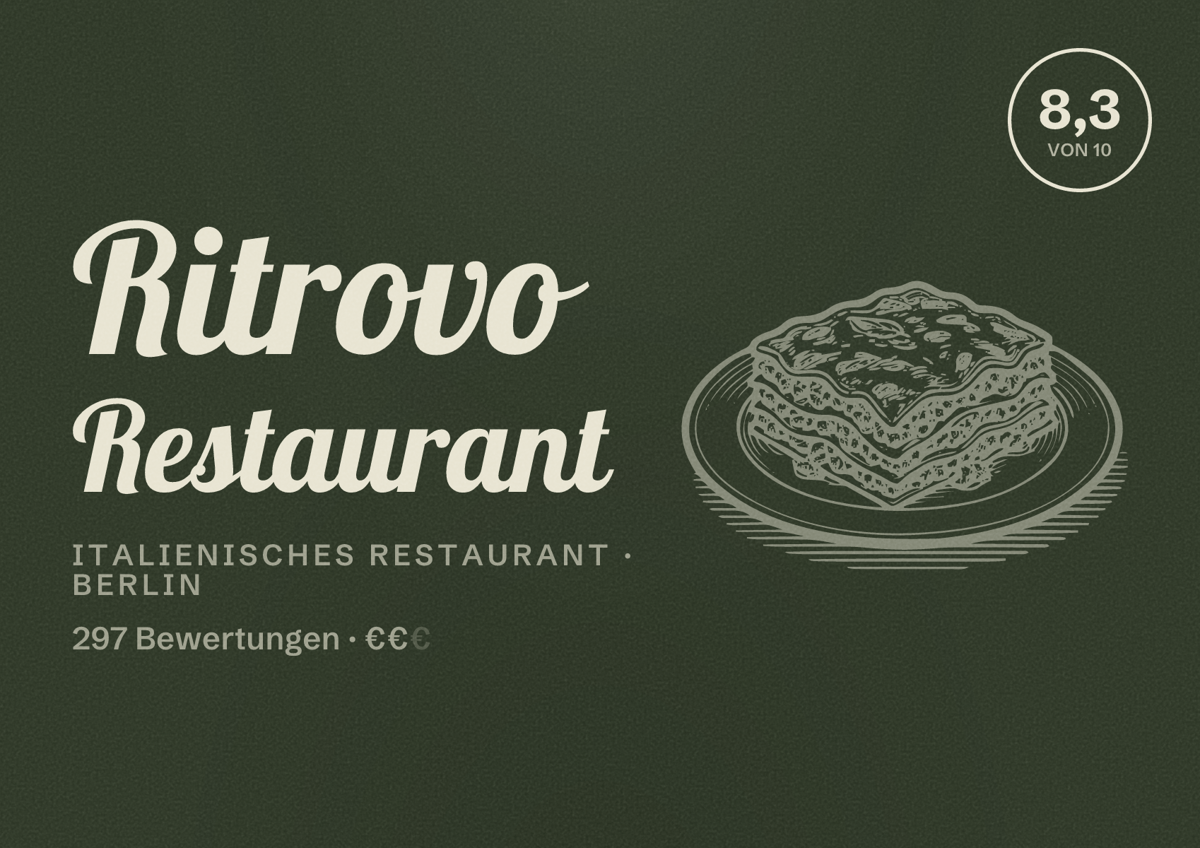 Illustriertes Poster von Ritrovo Restaurant, Italienisches Restaurant in Berlin: Bewertung 8,3 von 10 aus 297 Bewertungen, Preisniveau €€