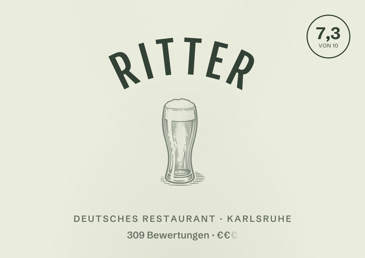 Illustriertes Poster von Ritter, Deutsches Restaurant in Karlsruhe: Bewertung 7,3 von 10 aus 309 Bewertungen, Preisniveau €€