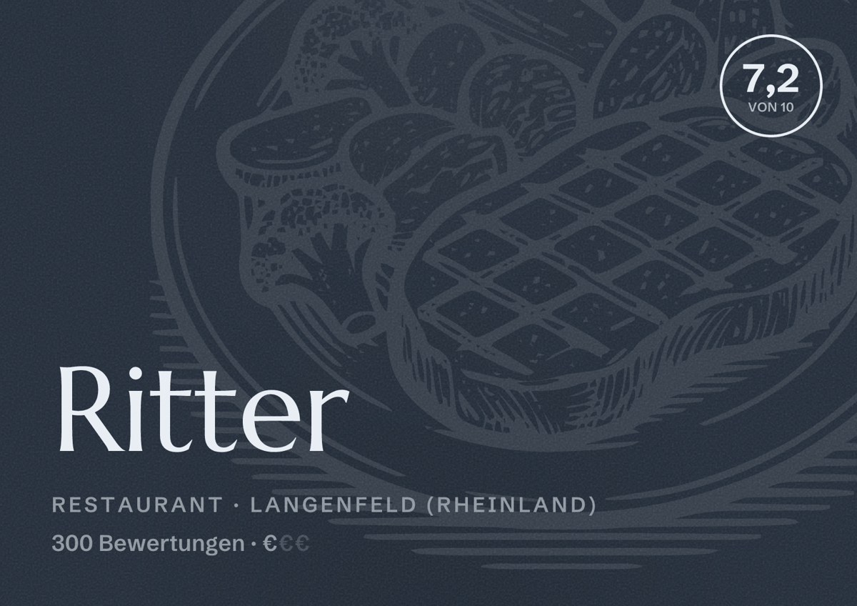 Illustriertes Poster von Ritter, Restaurant in Langenfeld (Rheinland): Bewertung 7,2 von 10 aus 300 Bewertungen, Preisniveau €