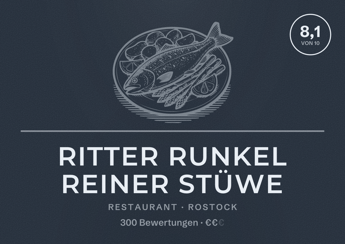 Illustriertes Poster von Ritter Runkel Reiner Stüwe, Restaurant in Rostock: Bewertung 8,1 von 10 aus 300 Bewertungen, Preisniveau €€