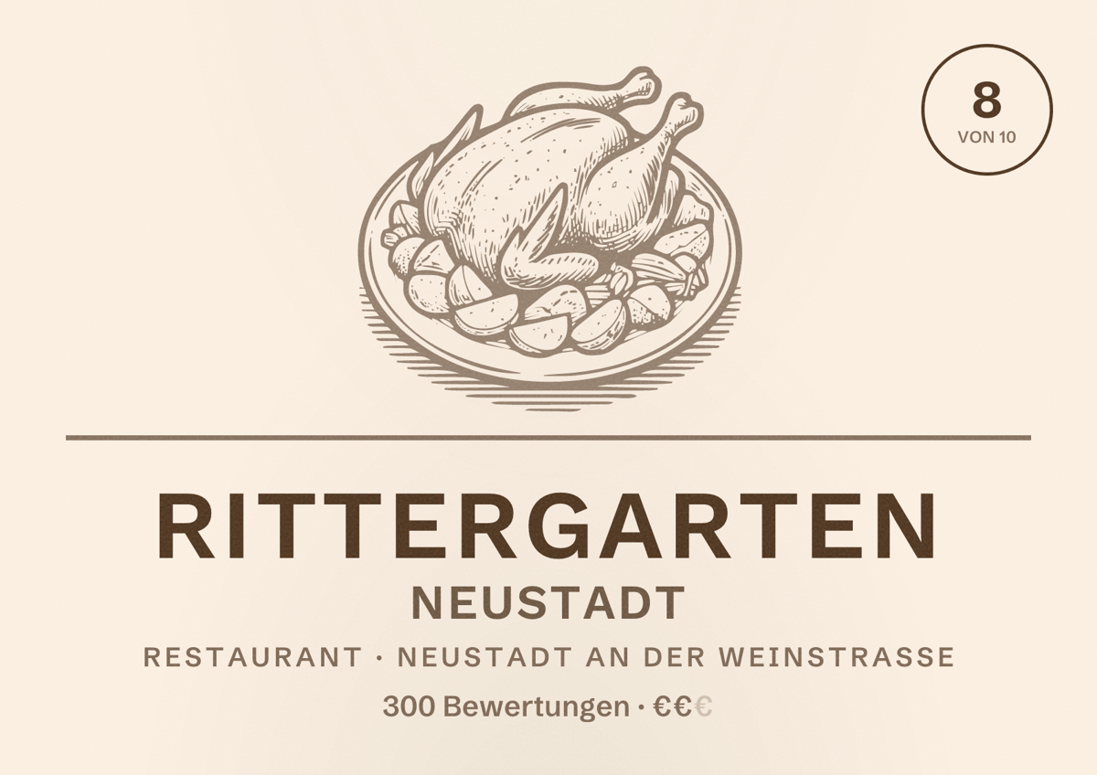 Illustriertes Poster von Rittergarten Neustadt, Restaurant in Neustadt an der Weinstraße: Bewertung 8 von 10 aus 300 Bewertungen, Preisniveau €€