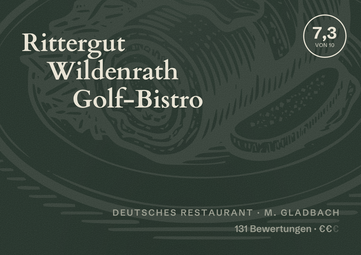 Illustriertes Poster von Rittergut Wildenrath Golf-Bistro, Deutsches Restaurant in M. Gladbach: Bewertung 7,3 von 10 aus 131 Bewertungen, Preisniveau €€
