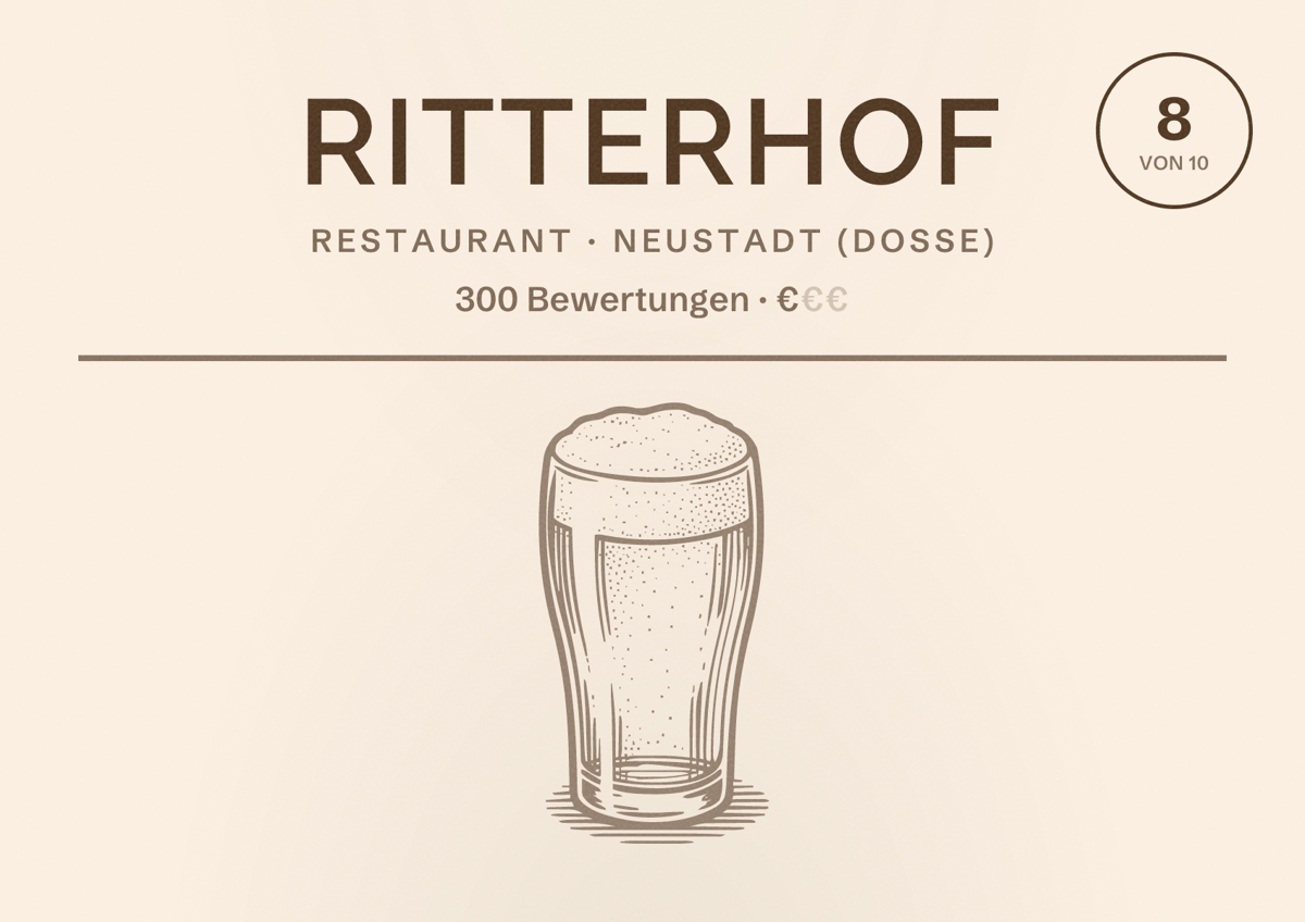 Illustriertes Poster von Ritterhof, Restaurant in Neustadt (Dosse): Bewertung 8 von 10 aus 300 Bewertungen, Preisniveau €
