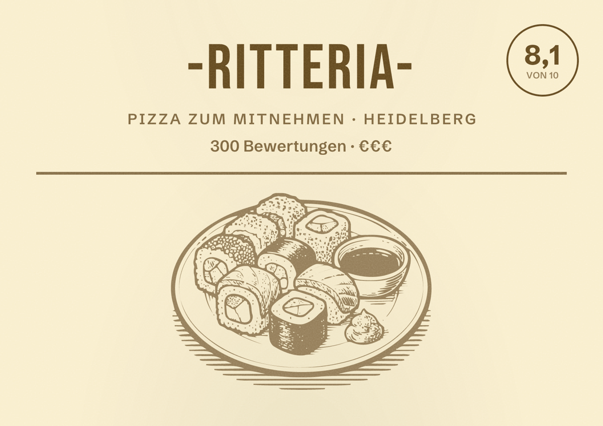 Illustriertes Poster von -RITTERIA-, Pizza zum Mitnehmen in Heidelberg: Bewertung 8,1 von 10 aus 300 Bewertungen, Preisniveau €€€