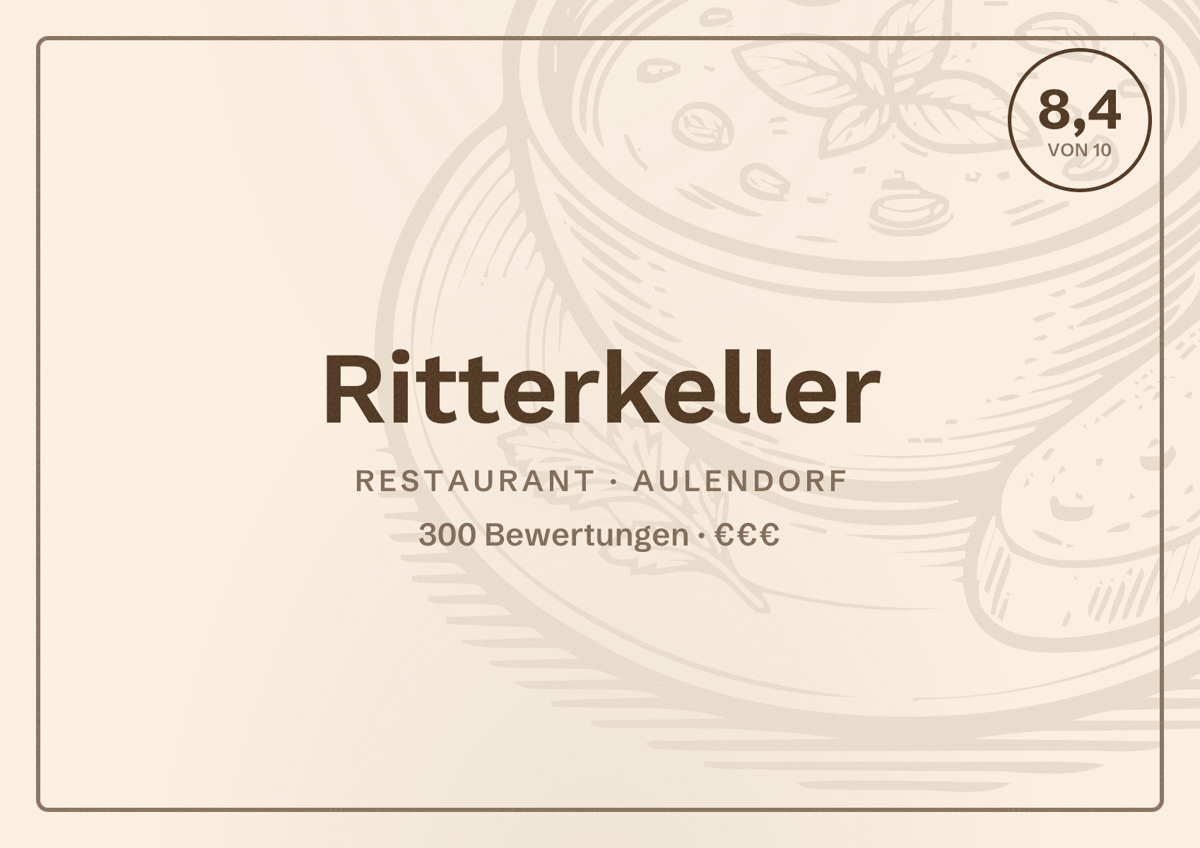 Illustriertes Poster von Ritterkeller, Restaurant in Aulendorf: Bewertung 8,4 von 10 aus 300 Bewertungen, Preisniveau €€€