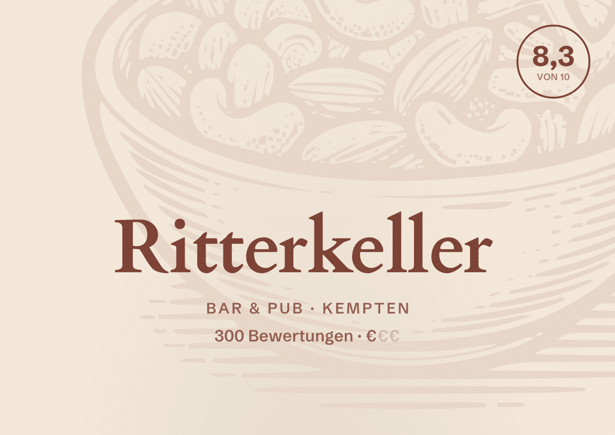 Illustriertes Poster von Ritterkeller, Bar & Pub in Kempten: Bewertung 8,3 von 10 aus 300 Bewertungen, Preisniveau €