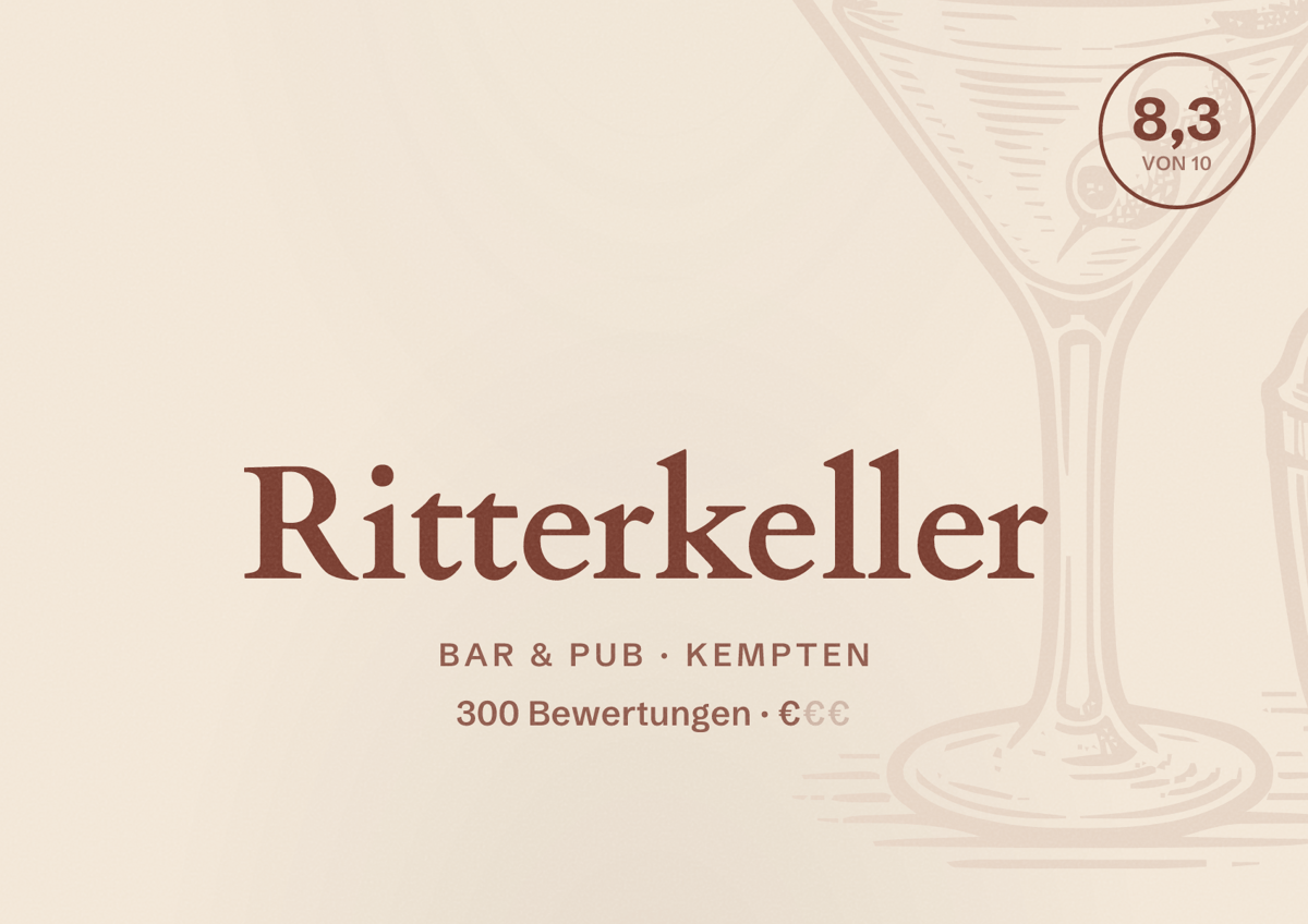 Illustriertes Poster von Ritterkeller, Bar & Pub in Kempten: Bewertung 8,3 von 10 aus 300 Bewertungen, Preisniveau €