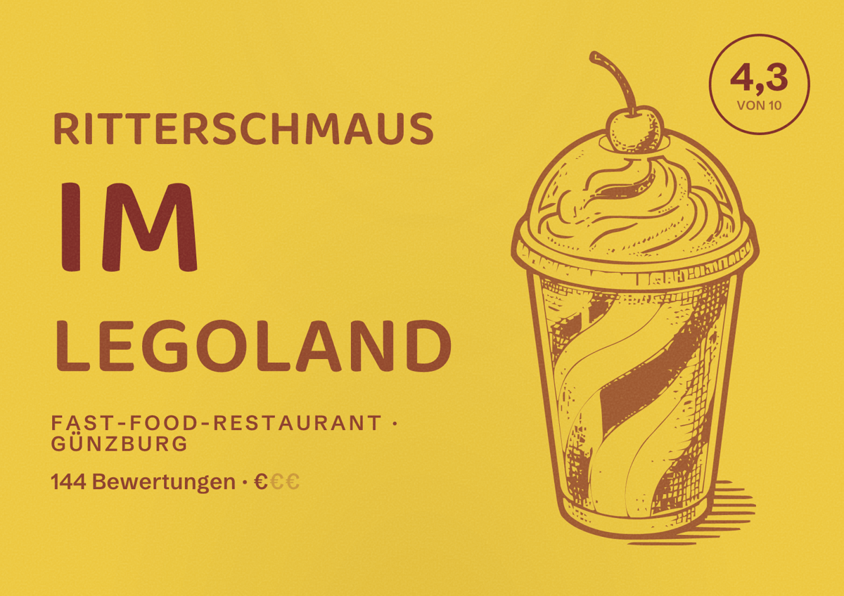 Illustriertes Poster von Ritterschmaus im Legoland, Fast-Food-Restaurant in Günzburg: Bewertung 4,3 von 10 aus 144 Bewertungen, Preisniveau €