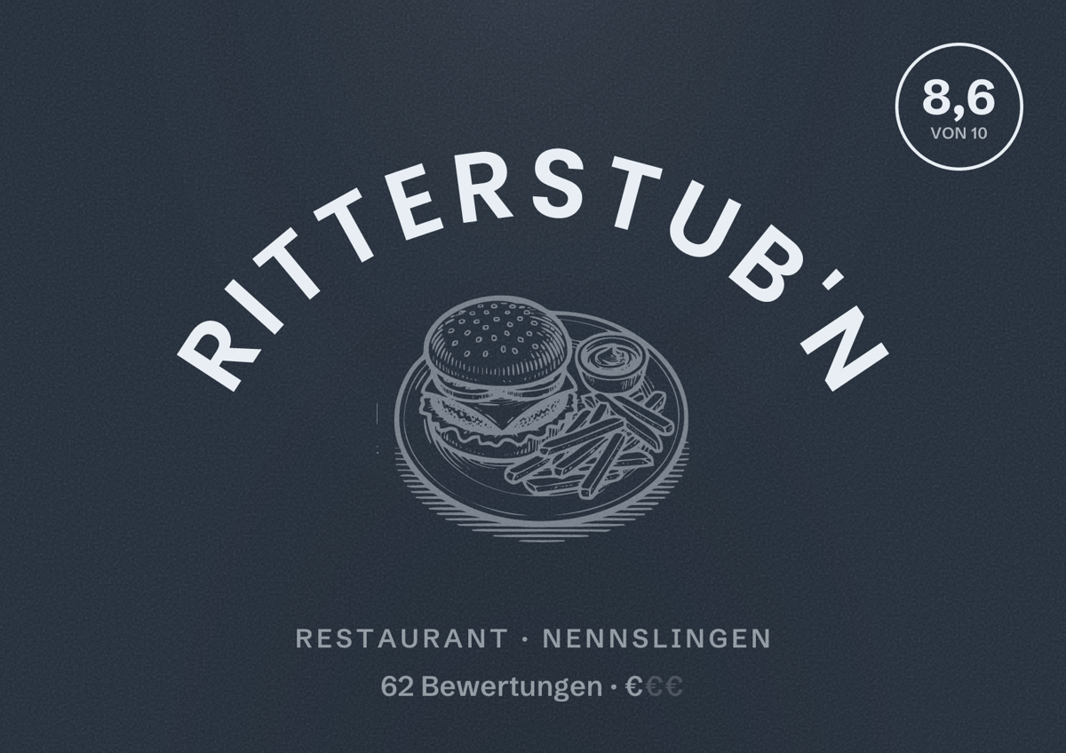 Illustriertes Poster von Ritterstub'n, Restaurant in Nennslingen: Bewertung 8,6 von 10 aus 62 Bewertungen, Preisniveau €