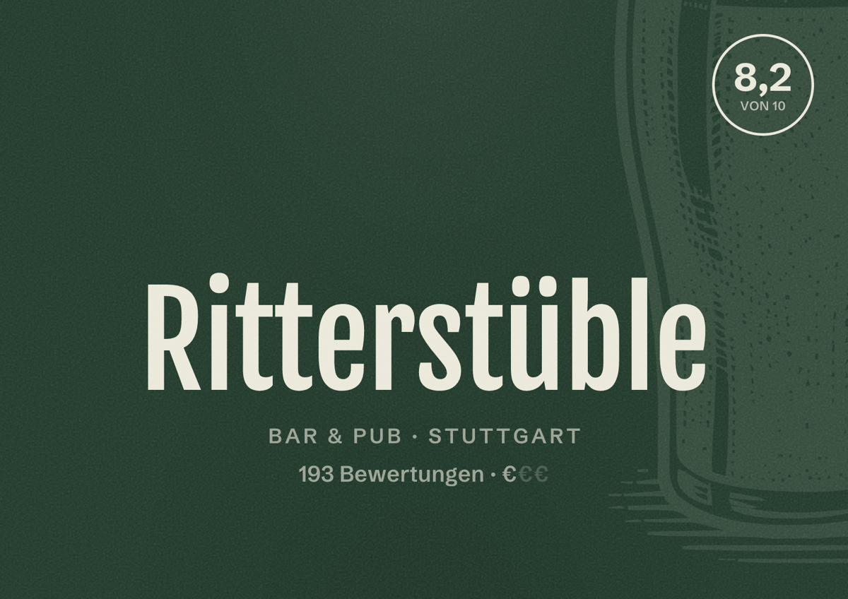 Illustriertes Poster von Ritterstüble, Bar & Pub in Stuttgart: Bewertung 8,2 von 10 aus 193 Bewertungen, Preisniveau €