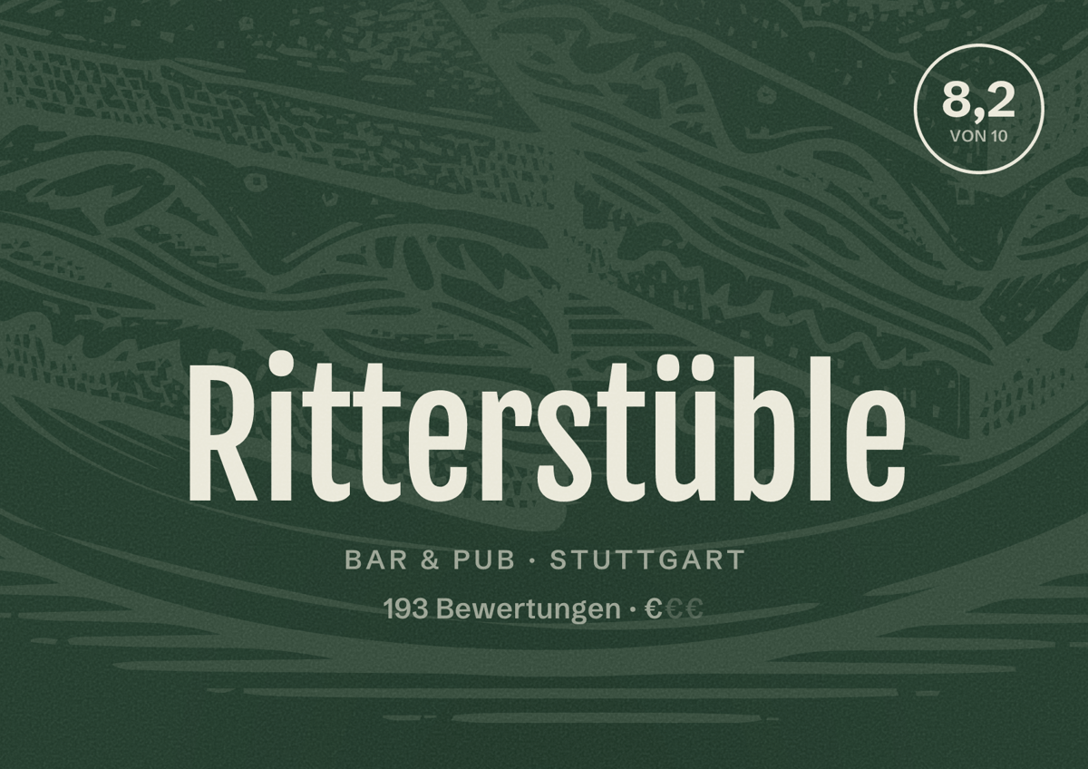 Illustriertes Poster von Ritterstüble, Bar & Pub in Stuttgart: Bewertung 8,2 von 10 aus 193 Bewertungen, Preisniveau €