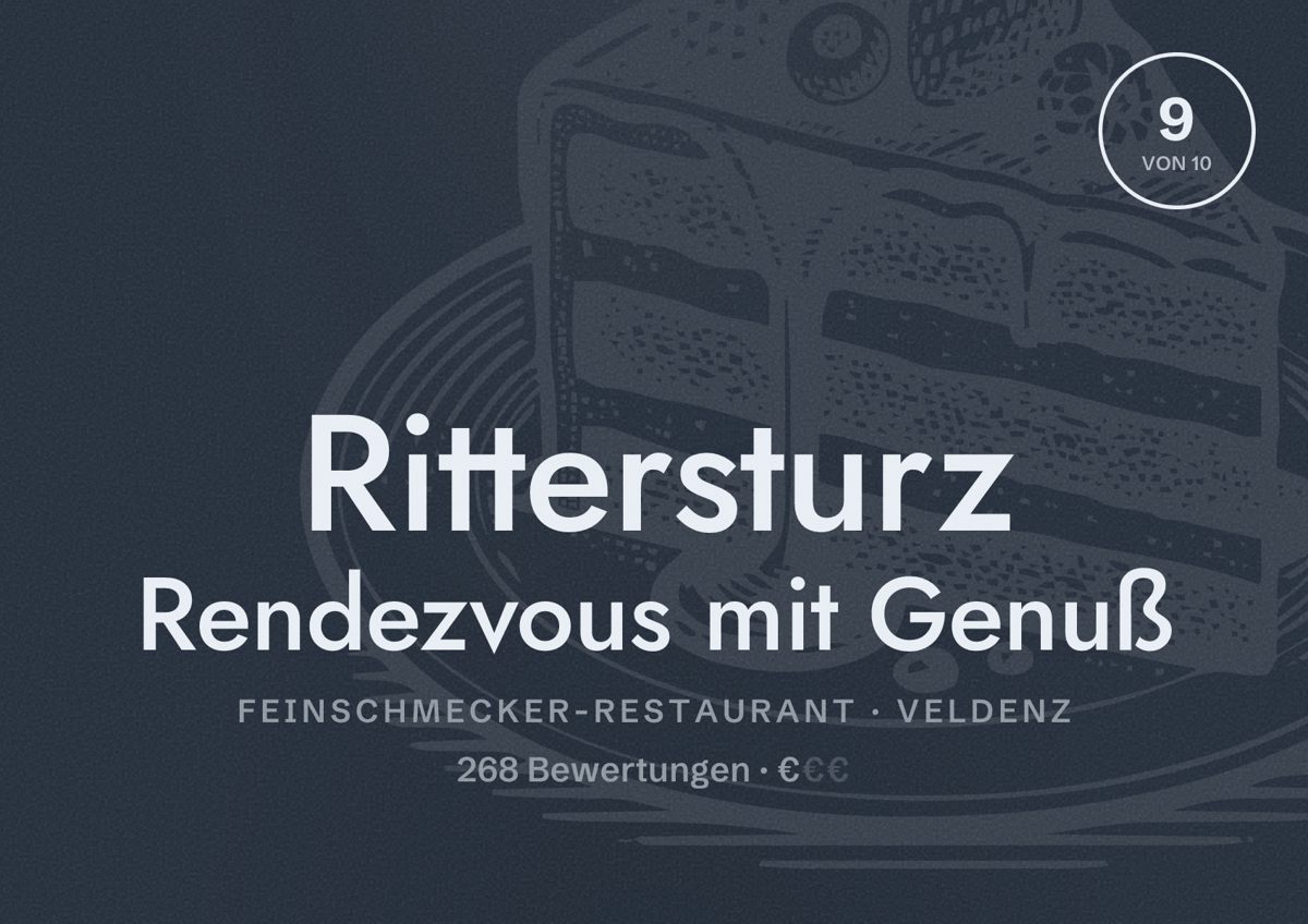 Illustriertes Poster von Rittersturz Rendezvous mit Genuß, Feinschmecker-Restaurant in Veldenz: Bewertung 9 von 10 aus 268 Bewertungen, Preisniveau €