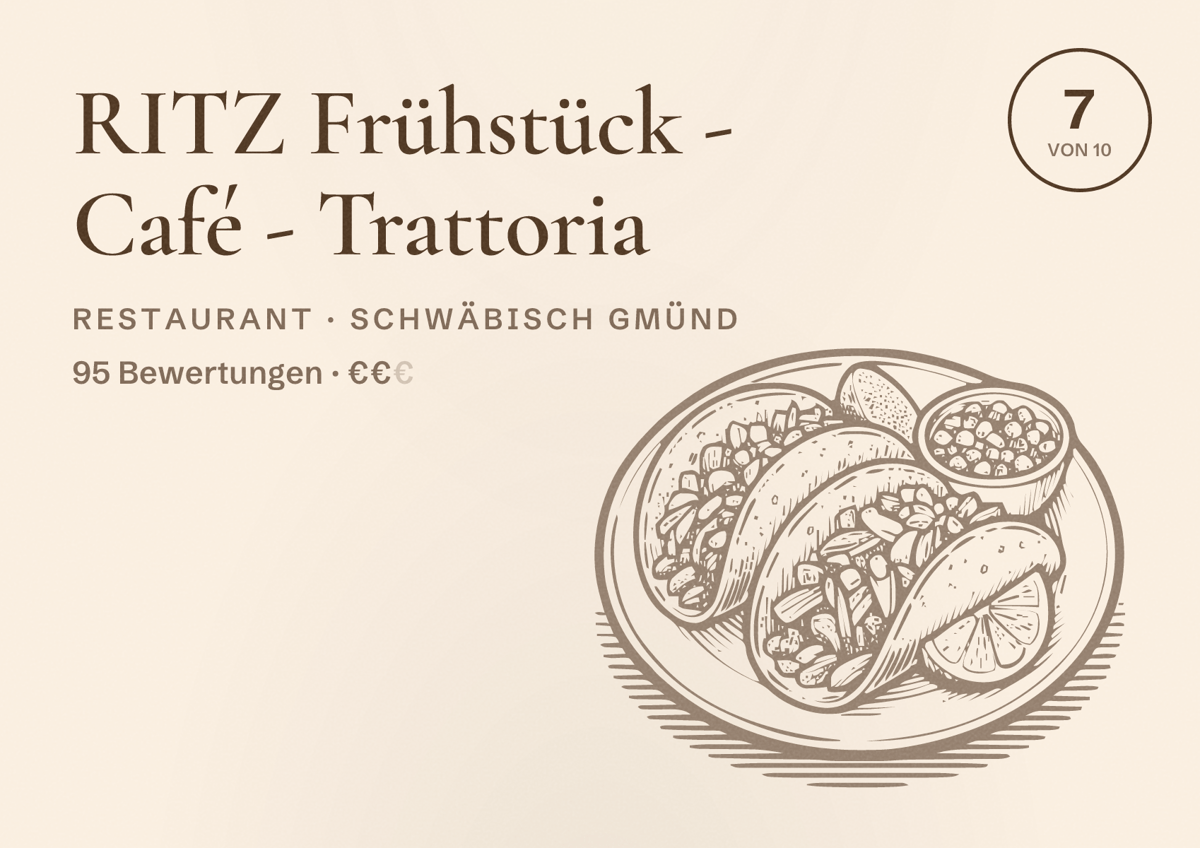Illustriertes Poster von RITZ Frühstück - Café - Trattoria, Restaurant in Schwäbisch Gmünd: Bewertung 7 von 10 aus 95 Bewertungen, Preisniveau €€