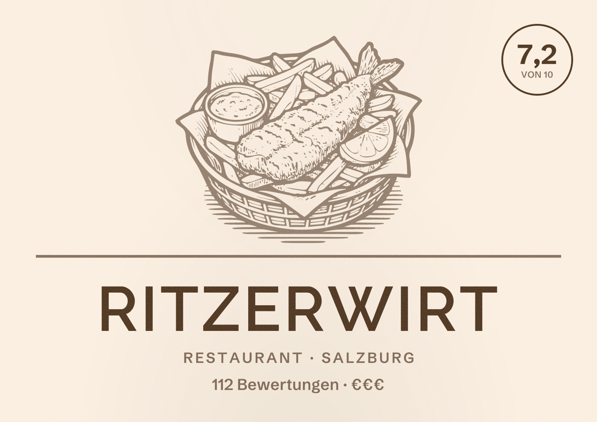 Illustriertes Poster von Ritzerwirt, Restaurant in Salzburg: Bewertung 7,2 von 10 aus 112 Bewertungen, Preisniveau €€€