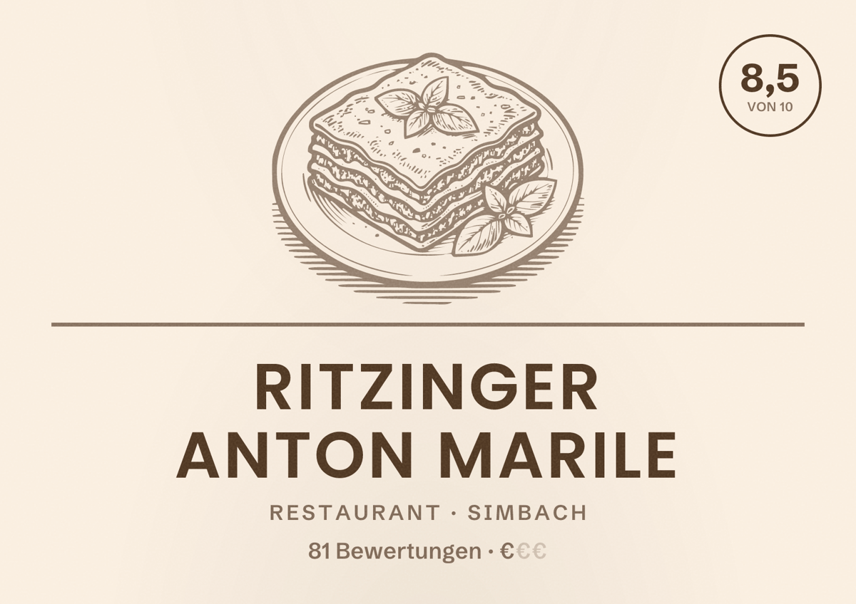Illustriertes Poster von Ritzinger Anton Marile, Restaurant in Simbach: Bewertung 8,5 von 10 aus 81 Bewertungen, Preisniveau €