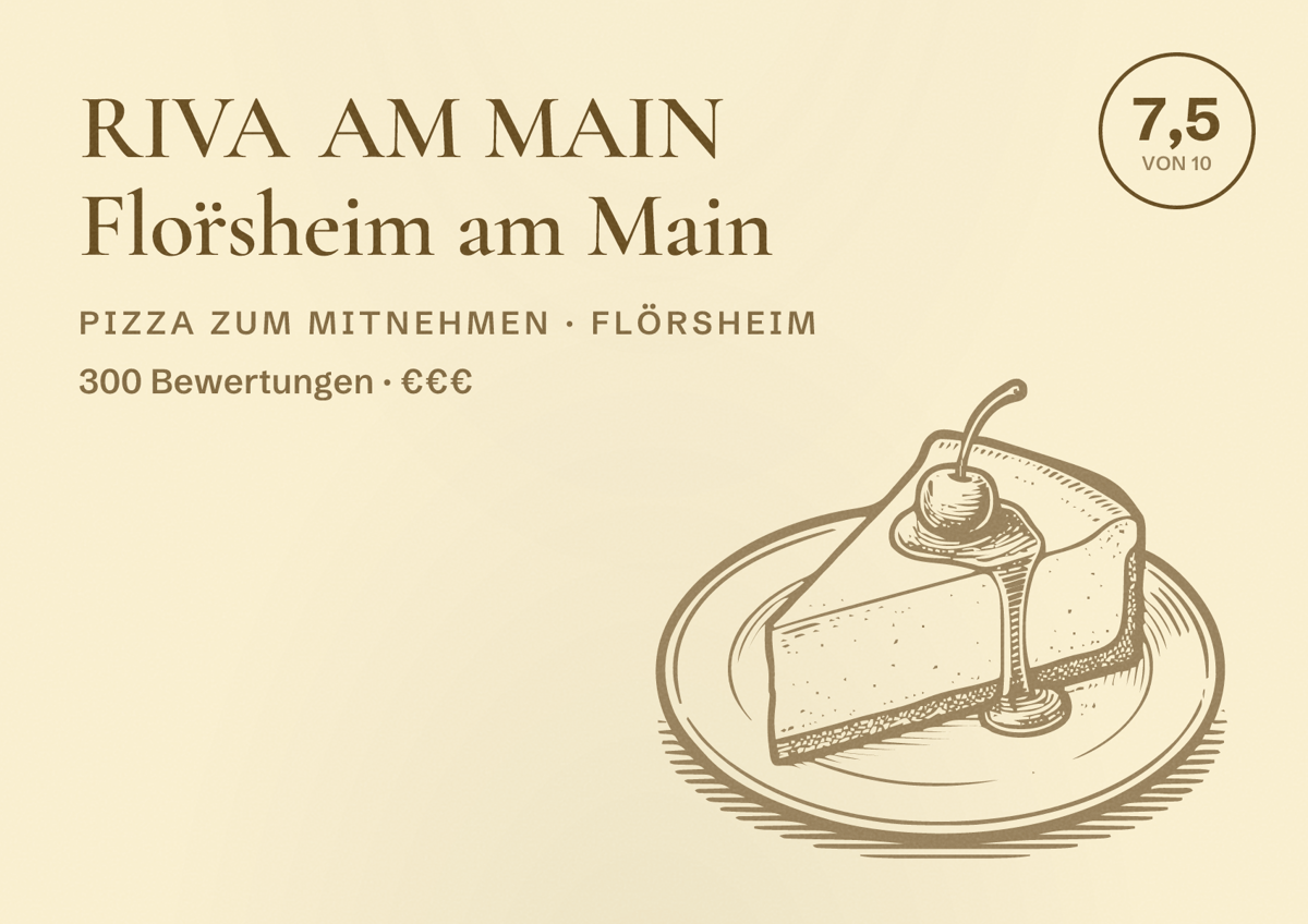 Illustriertes Poster von RIVA AM MAIN Flörsheim am Main, Pizza zum Mitnehmen in Flörsheim: Bewertung 7,5 von 10 aus 300 Bewertungen, Preisniveau €€€