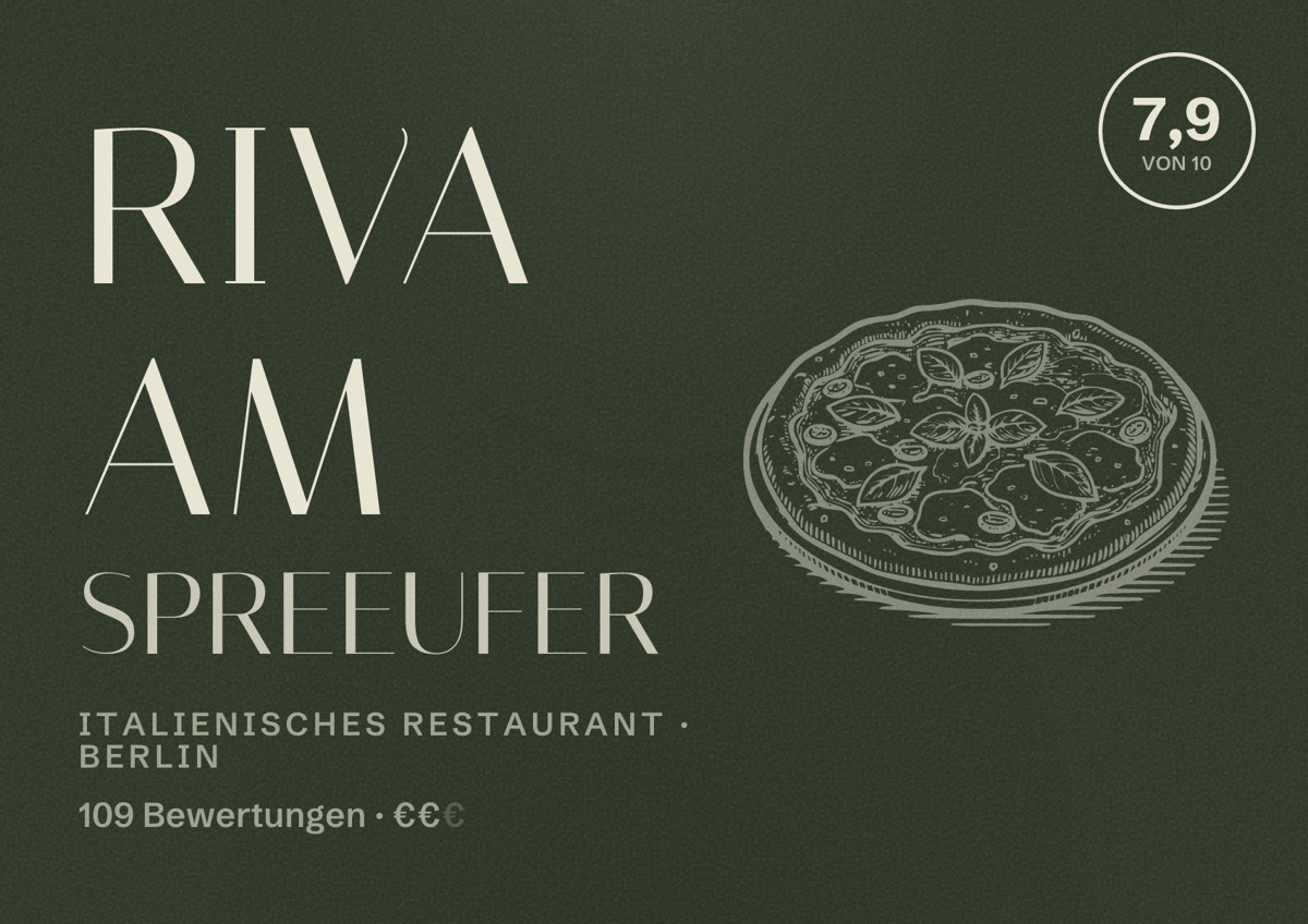 Illustriertes Poster von Riva am Spreeufer, Italienisches Restaurant in Berlin: Bewertung 7,9 von 10 aus 109 Bewertungen, Preisniveau €€