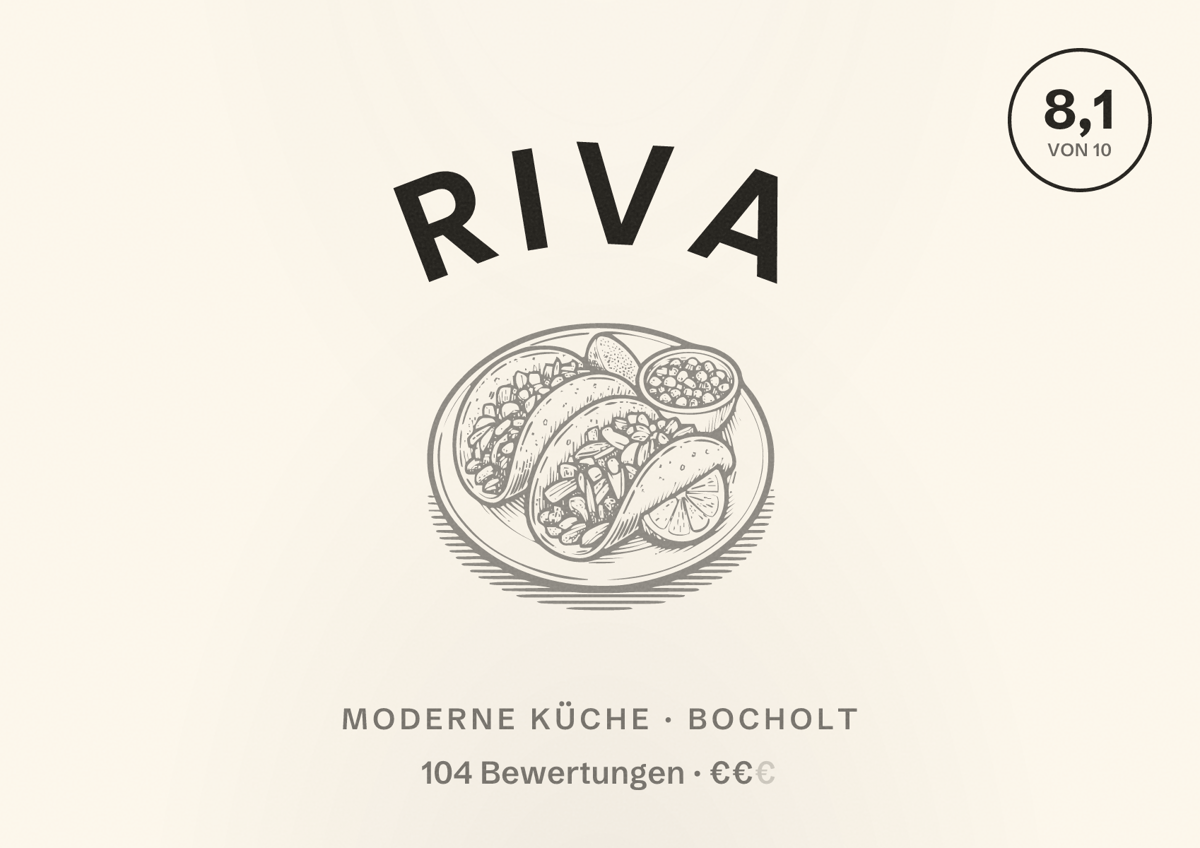 Illustriertes Poster von Riva, Moderne Küche in Bocholt: Bewertung 8,1 von 10 aus 104 Bewertungen, Preisniveau €€
