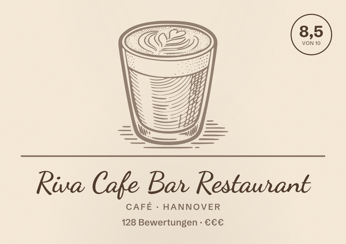 Illustriertes Poster von Riva Cafe Bar Restaurant, Café in Hannover: Bewertung 8,5 von 10 aus 128 Bewertungen, Preisniveau €€€