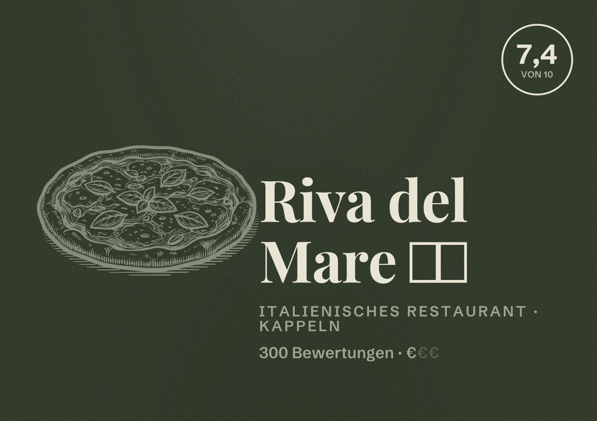Illustriertes Poster von Riva del Mare 🇮🇹, Italienisches Restaurant in Kappeln: Bewertung 7,4 von 10 aus 300 Bewertungen, Preisniveau €