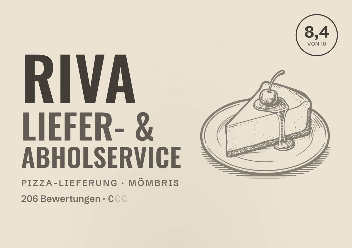 Illustriertes Poster von Riva Liefer- & Abholservice, Pizza-Lieferung in Mömbris: Bewertung 8,4 von 10 aus 206 Bewertungen, Preisniveau €