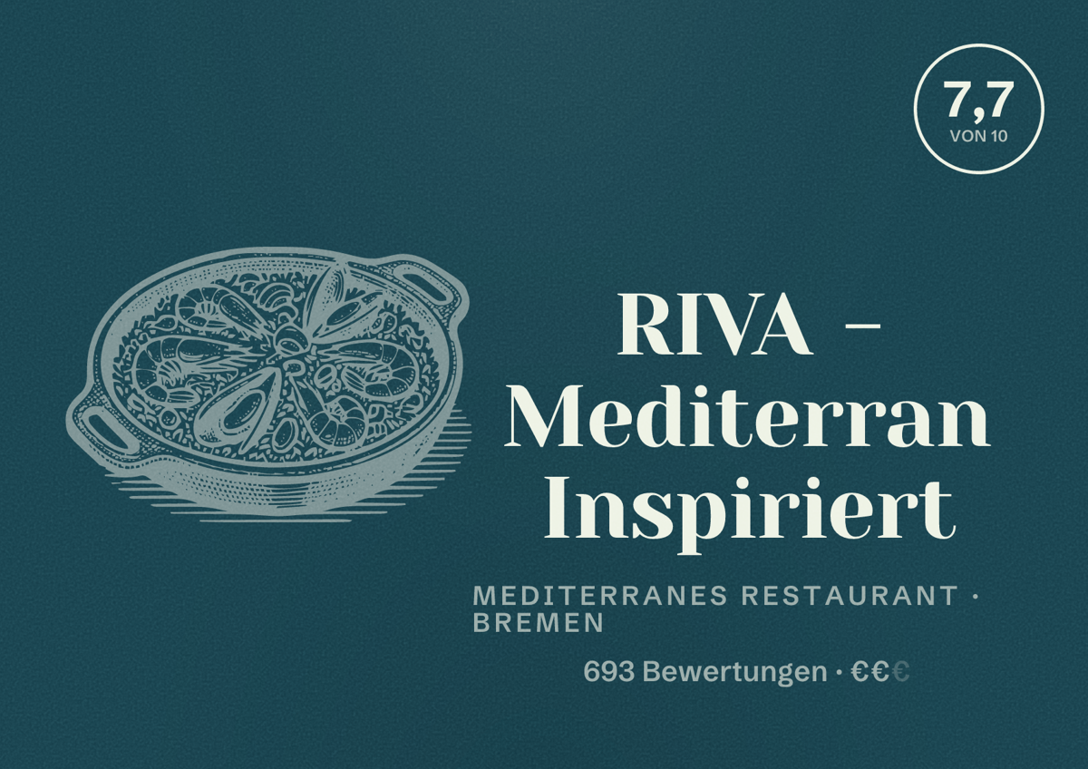 Illustriertes Poster von RIVA - Mediterran Inspiriert, Mediterranes Restaurant in Bremen: Bewertung 7,7 von 10 aus 693 Bewertungen, Preisniveau €€
