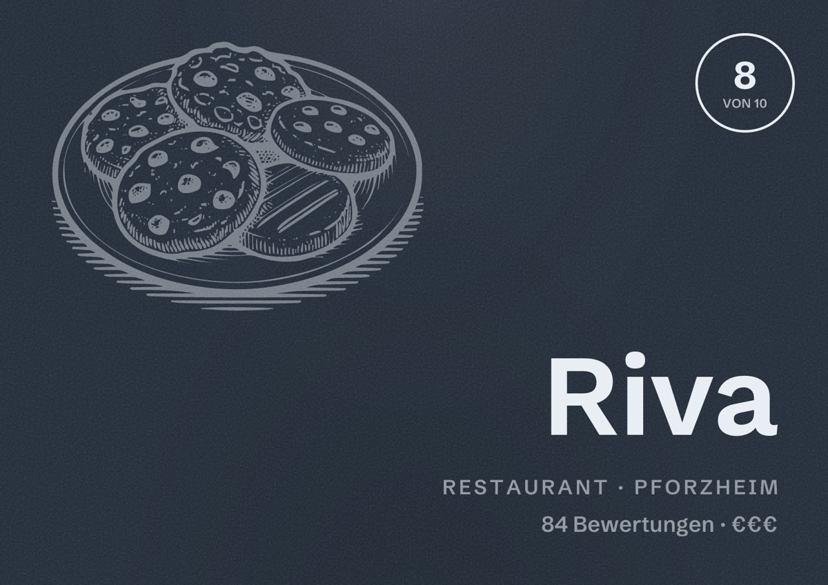 Illustriertes Poster von Riva, Restaurant in Pforzheim: Bewertung 8 von 10 aus 84 Bewertungen, Preisniveau €€€